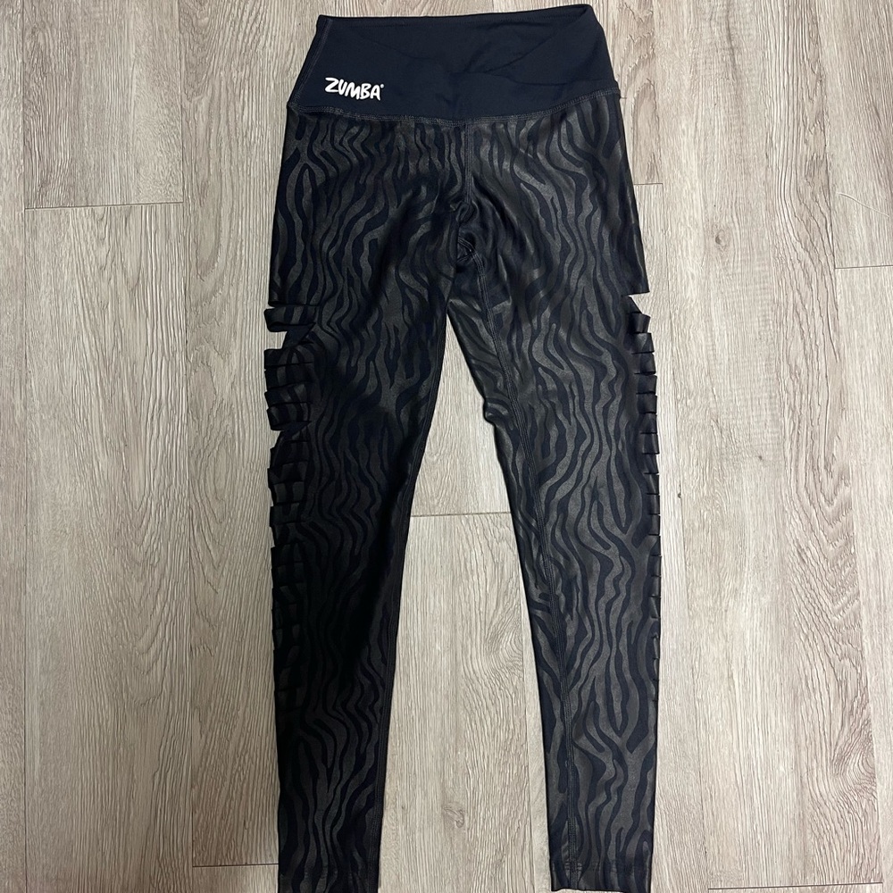 Zumba Fitness Black Zebra Print Leggings with Side Ladder Straps
